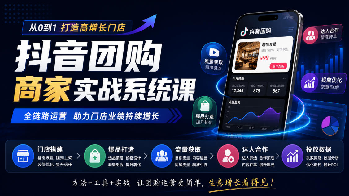 抖音团购商家实战系统课｜门店搭建、爆品打造、流量获取、达人合作、投放数据全链路运营