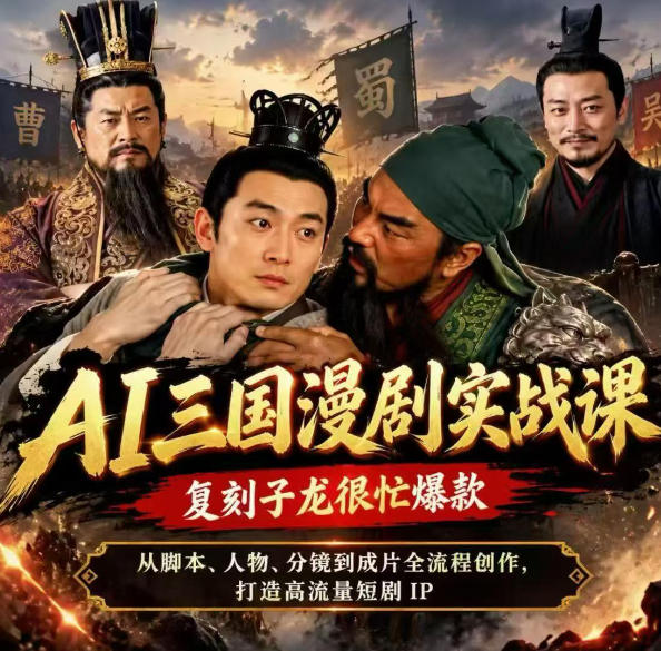 抖音14W粉博主同款AI三国漫剧实战课，复刻子龙很忙爆款，从脚本、人物、分镜到成片全流程创作，打造高流量短剧IP