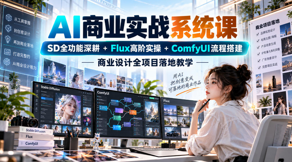 AI商业实战系统课｜SD全功能深耕+Flux高阶实操+Comfyui流程搭建，商业设计全项目落地教学