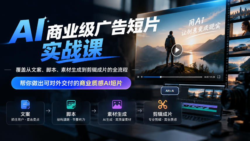 AI商业级广告短片实战课,覆盖从文案、脚本、素材生成到剪辑成片的全流程,帮你做出可对外交付的商业质感AI短片