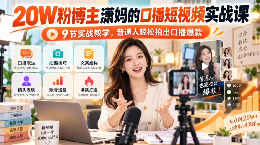 20W粉博主潇妈的口播短视频实战课，9节实战教学，普通人轻松拍出口播爆款