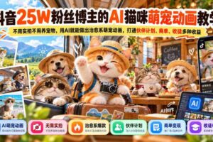 抖音25W粉丝博主的AI猫咪萌宠动画教学，不用实拍不用养宠物，用AI就能做出治愈系萌宠动画，打通伙伴计划、商单、收徒多种收益