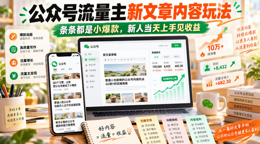 公众号流量主新文章内容玩法，条条都是小爆款，新人当天上手见收益