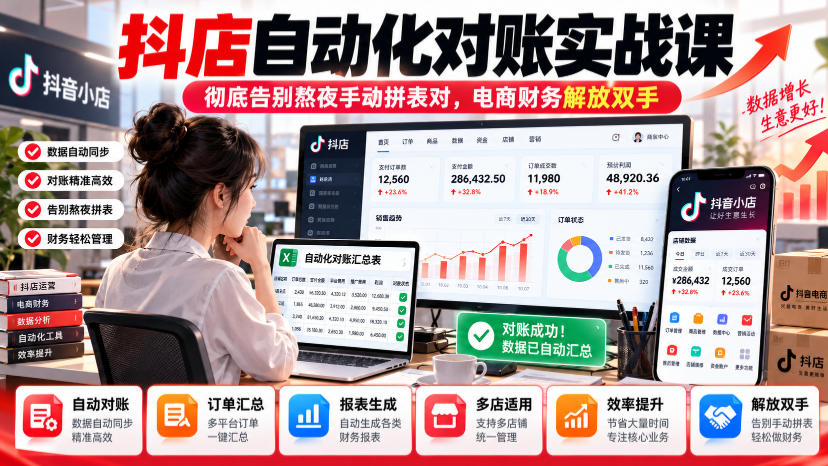 抖店自动化对账实战课,彻底告别熬夜手动拼表对,账电商财务解放双手