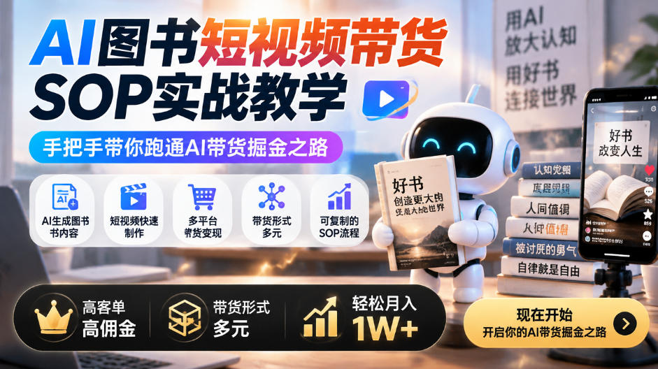 AI图书短视频带货SOP实战教学，手把手带你跑通AI带货掘金之路，高客单高佣金，带货形式多元，轻松月入1W+