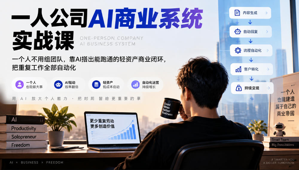 一人公司AI商业系统实战课，一个人不用组团队，靠AI搭出能跑通的轻资产商业闭环，把重复工作全部自动化