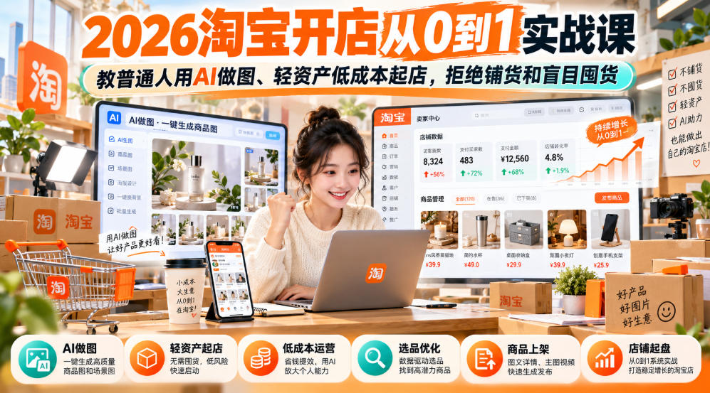 2026淘宝开店从0到1实战课，教普通人用AI做图、轻资产低成本起店，拒绝铺货和盲目囤货