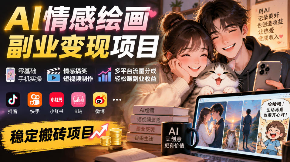 AI情感绘画副业变现项目｜零基础手机实操，情感搞笑短视频制作，多平台流量分成轻松賺副业收益