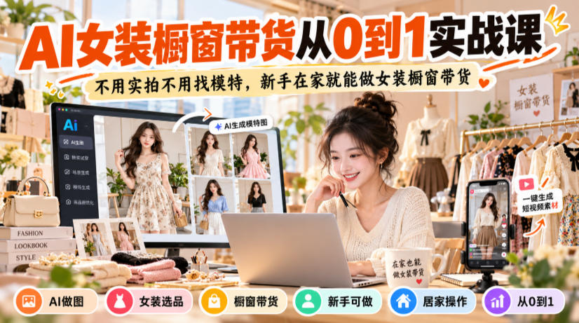 AI女装橱窗带货从0到1实战课，不用实拍不用找模特，新手在家就能做女装橱窗带货