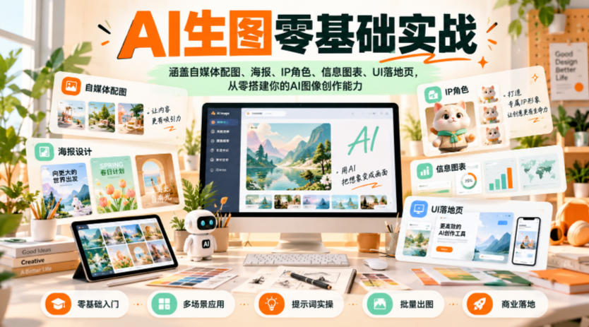 AI生图零基础实战，涵盖自媒体配图、海报、IP角色、信息图表、UI落地页，从零搭建你的AI图像创作能力