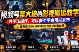 视频号某大佬的影视搬运教学，纯手法操作，可以多个平台可以发布，撸分成计划+伙伴计划+光合计划收益等