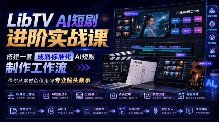 LibTV AI短剧进阶实战课，搭建一套成熟标准化AI短剧制作工作流，带你从素材创作走向专业镜头叙事（更新）