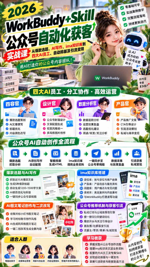 2026WorkBuddy+Skill公众号自动化获客实战课,从爆款选题、AI写作、ima知识库到四大AI员工、自动排版及引流变现,用AI打造你的公众号内容团队