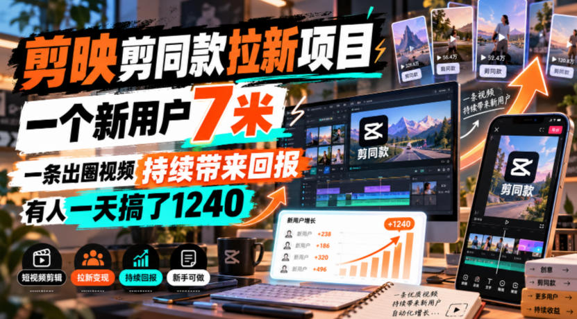 剪映剪同款拉新项目，一个新用户7米，一条出圈视频持续带来回报，有人一天搞了1240