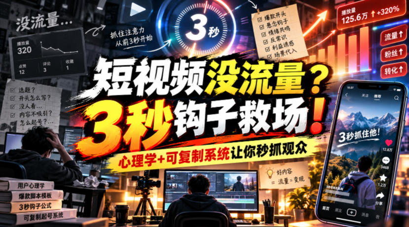 【无水印】短视频没流量？3秒钩子救场！心理学+可复制系统让你秒抓观众【原创双语字幕】