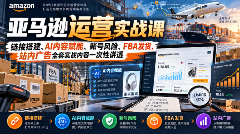亚马逊运营实战课，链接搭建、AI内容赋能、账号风险、FBA发货、站内广告全套实战内容一次性讲透