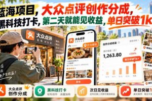 蓝海项目，大众点评创作分成，黑科技打卡，第二天就能见收益，单日突破1k+【揭秘】