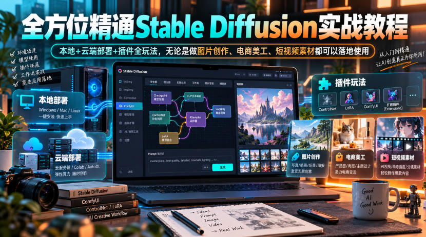 全方位精通Stable Diffusion实战教程｜本地+云端部署+插件全玩法，无论是做图片创作、电商美工、短视频素材都可以落地使用