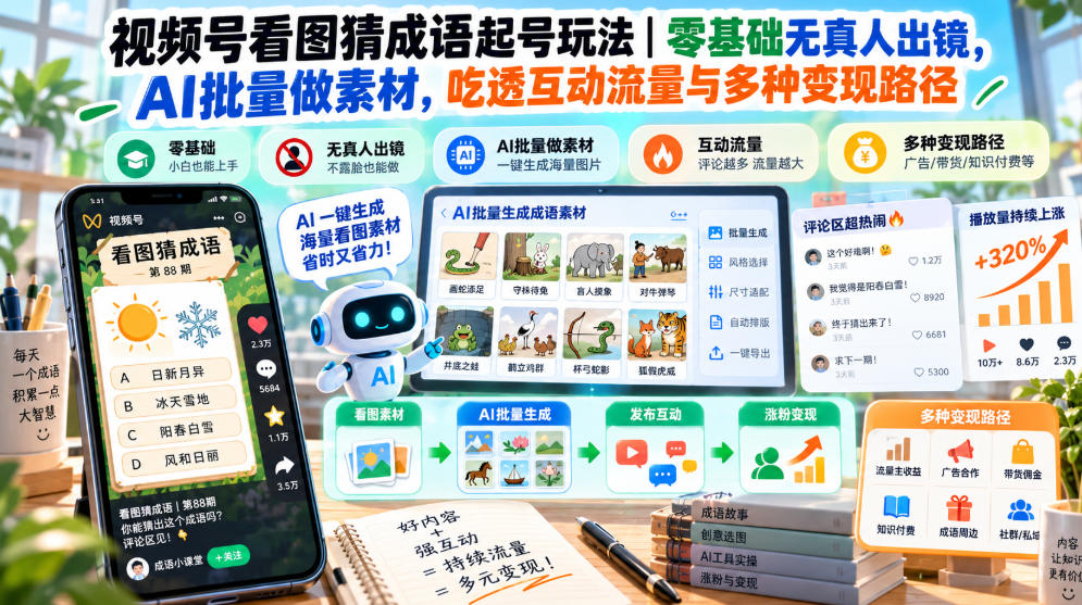 视频号看图猜成语起号玩法｜零基础无真人出镜，AI批量做素材，吃透互动流量与多种变现路径