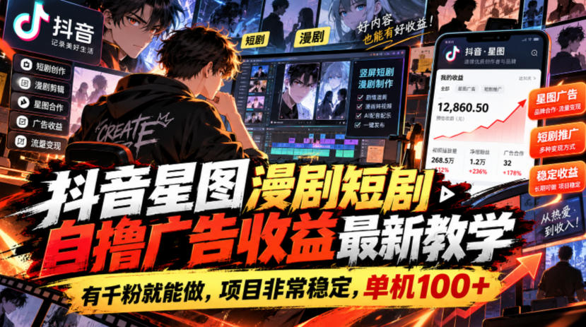 抖音星图漫剧短剧自撸广告收益最新教学，有千粉就能做，项目非常稳定，单机100+