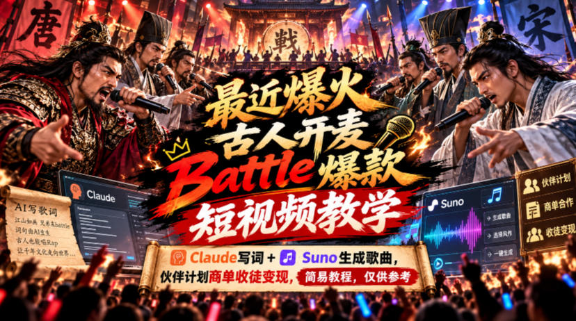最近爆火古人开麦Battle爆款短视频教学，Claude写词+Suno生成歌曲，伙伴计划商单收徒变现，简易教程，仅供参考