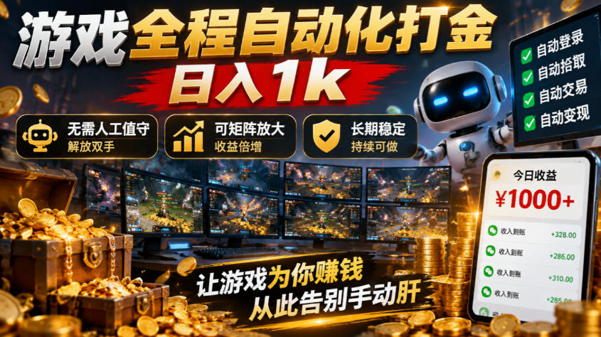游戏全程自动化打金，日入1k，无需人工值守，解放双手，可矩阵放大，长期稳定【揭秘】