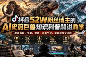 抖音52W粉丝博主的AI史前巨兽知识科普解说教学，覆盖选题、文案、配音、画面生成、剪辑成片全流程