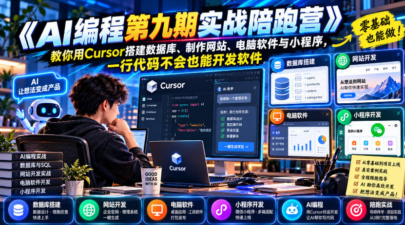 【无水印】《AI编程第九期实战陪跑营》教你用Cursor搭建数据库、制作网站、电脑软件与小程序，一行代码不会也能开发软件