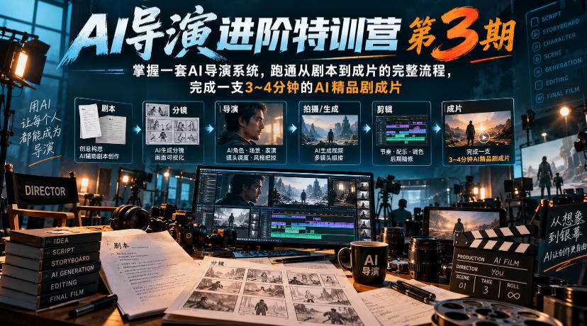 AI导演进阶特训营第3期，掌握一套AI导演系统，跑通从剧本到成片的完整流程，完成一支3~4分钟的AI精品剧成片（附1、2期）